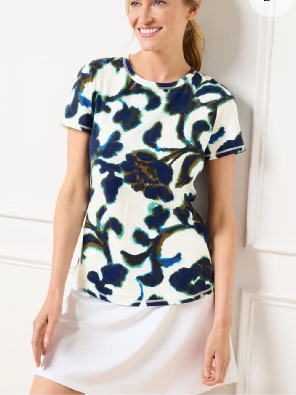 Talbots Supersoft Jersey Crewneck Tee - Blurred Floral in White and Navy Shirt